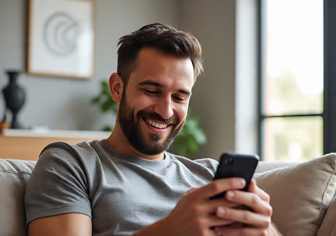 A man happily using smartphone on sofa